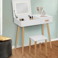 IDMarket Coiffeuse blanche scandinave avec miroir LED rabattable et tabouret* Collection Scandinave|Coiffeuses