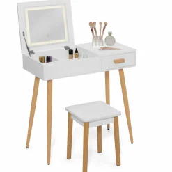 IDMarket Coiffeuse blanche scandinave avec miroir LED rabattable et tabouret* Collection Scandinave|Coiffeuses