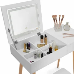 IDMarket Coiffeuse blanche scandinave avec miroir LED rabattable et tabouret* Collection Scandinave|Coiffeuses