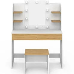 IDMarket Coiffeuse bois et blanc avec miroir LED et tabouret* Meubles Hauts|Meubles Blancs