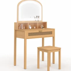 IDMarket Coiffeuse bois et cannage avec miroir LED, niches, tiroir + tabouret* Coiffeuses