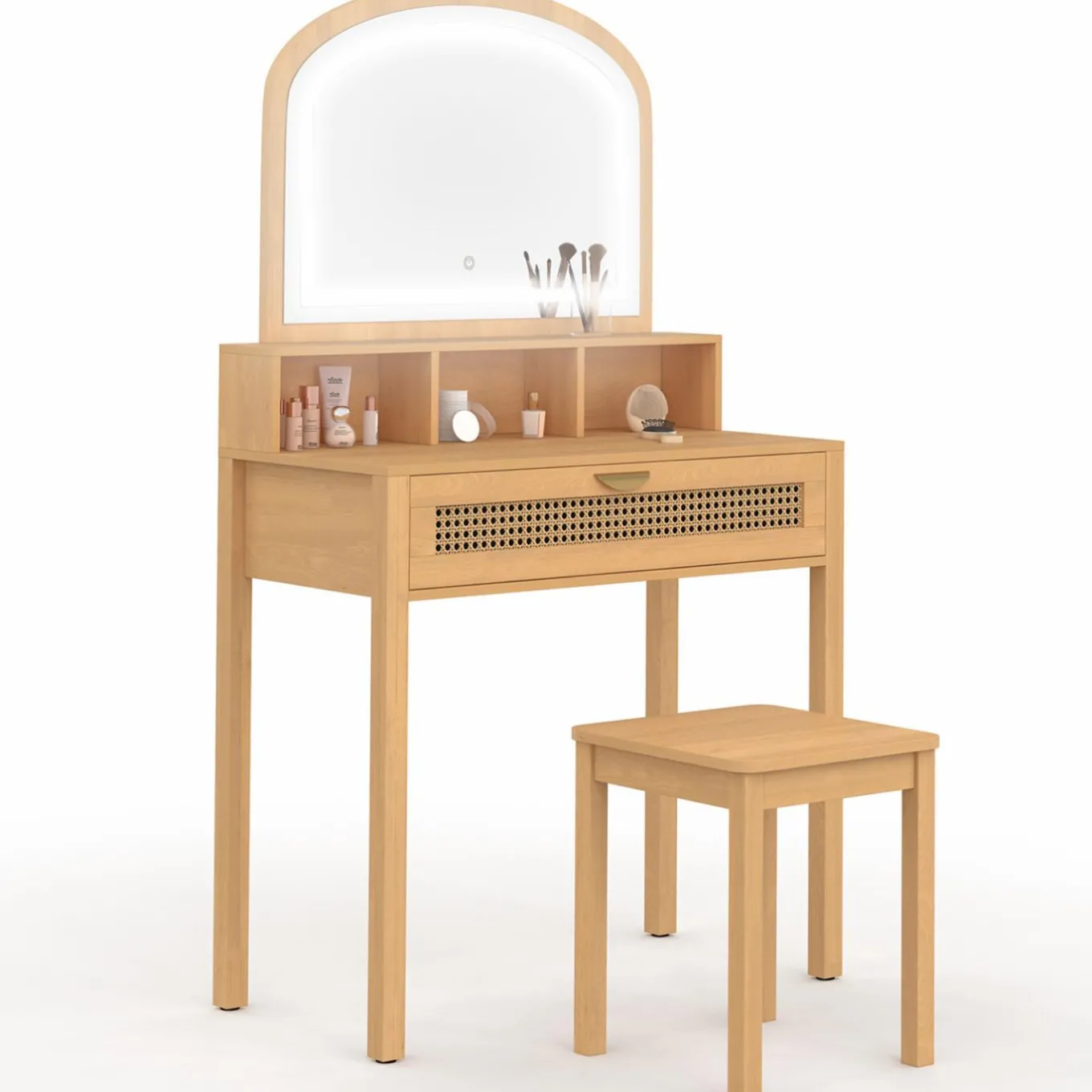 IDMarket Coiffeuse bois et cannage avec miroir LED, niches, tiroir + tabouret* Coiffeuses