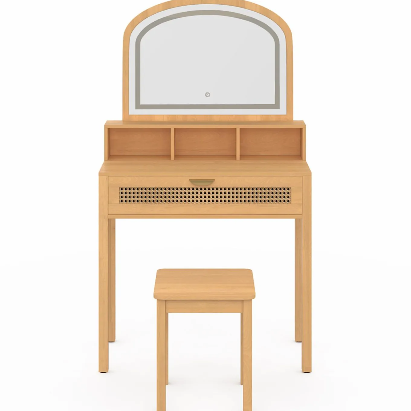 IDMarket Coiffeuse bois et cannage avec miroir LED, niches, tiroir + tabouret* Coiffeuses