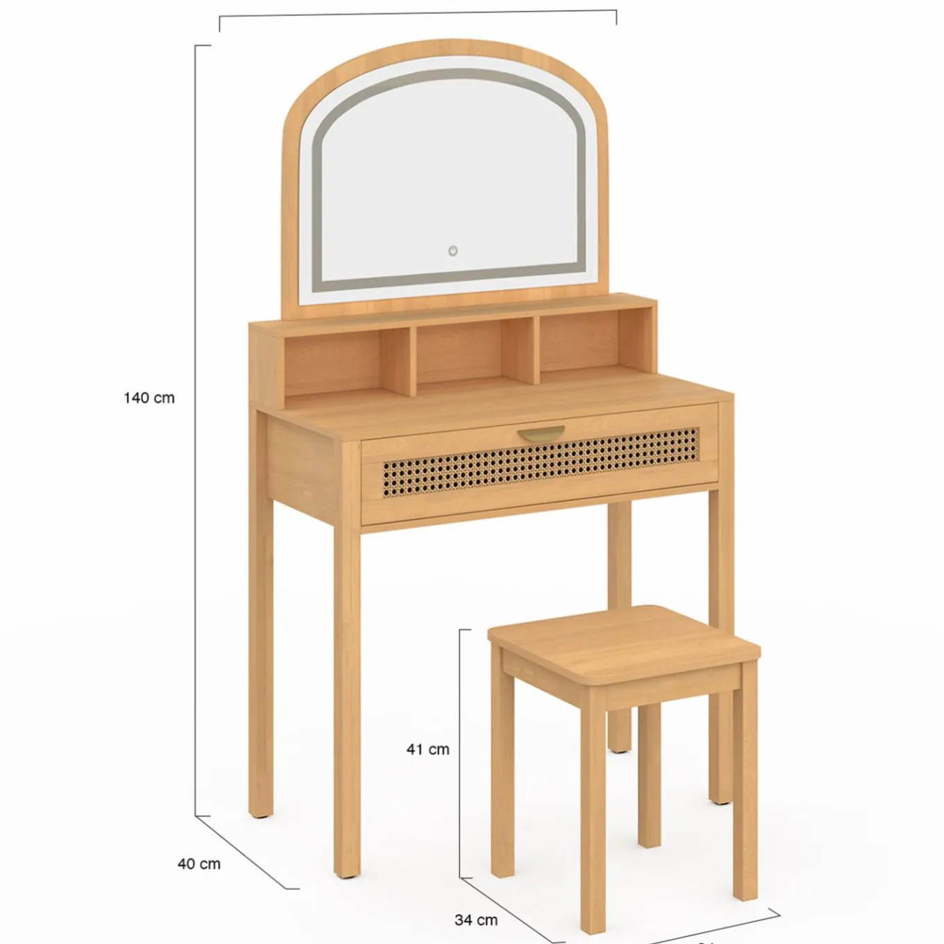 IDMarket Coiffeuse bois et cannage avec miroir LED, niches, tiroir + tabouret* Coiffeuses