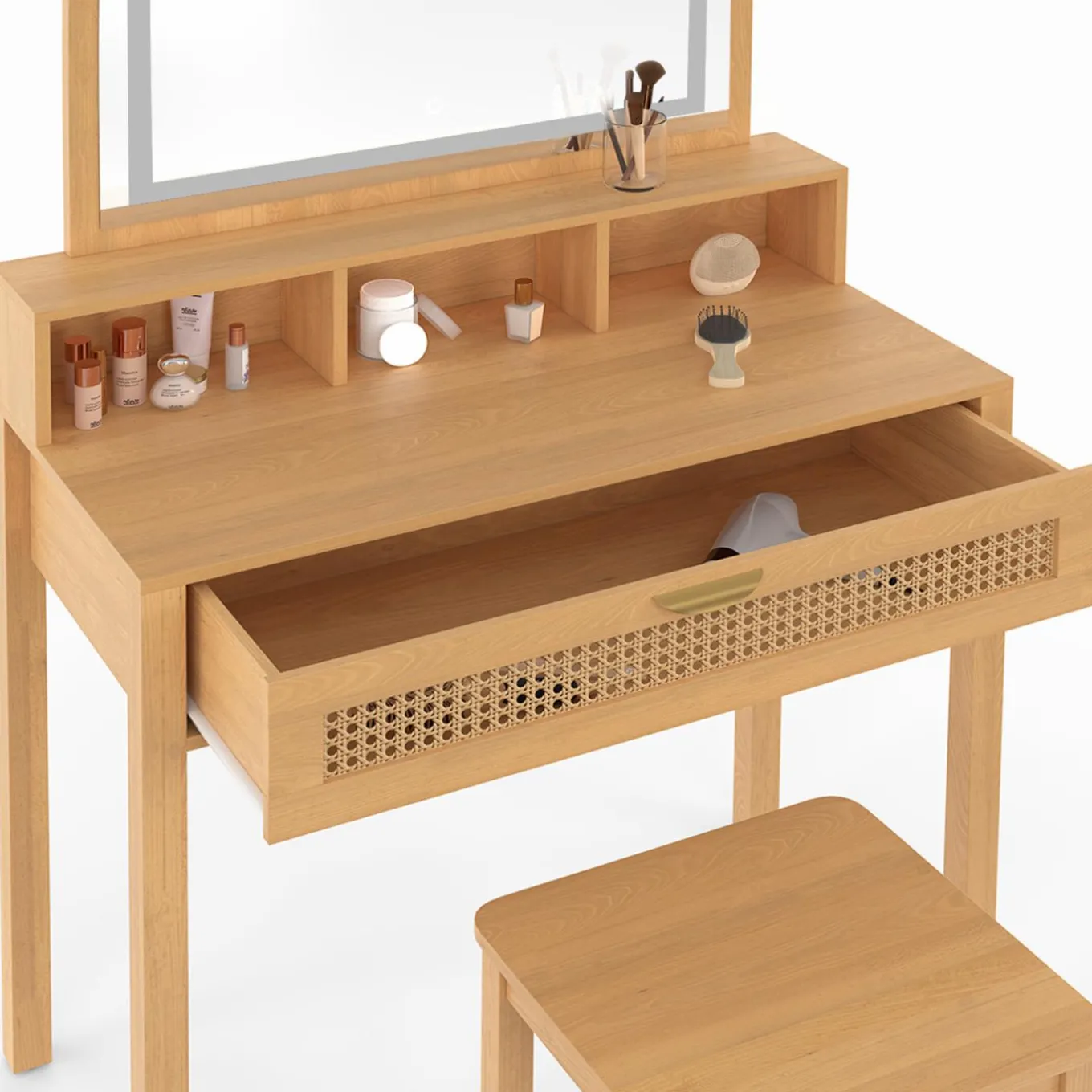 IDMarket Coiffeuse bois et cannage avec miroir LED, niches, tiroir + tabouret* Coiffeuses