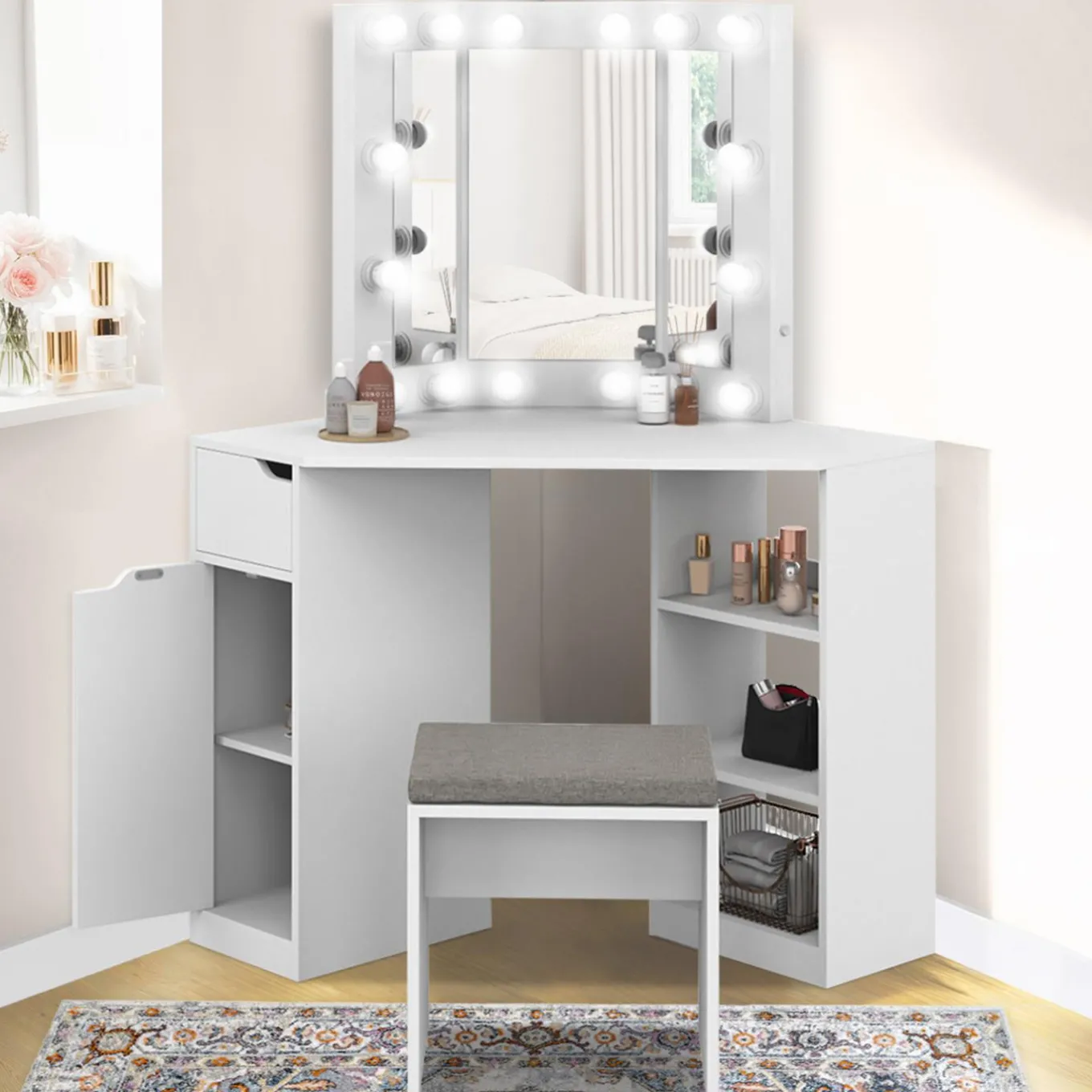 IDMarket Coiffeuse d'angle blanche avec 3 miroirs LED, étagères, tiroir, rangements et tabouret* Coiffeuses