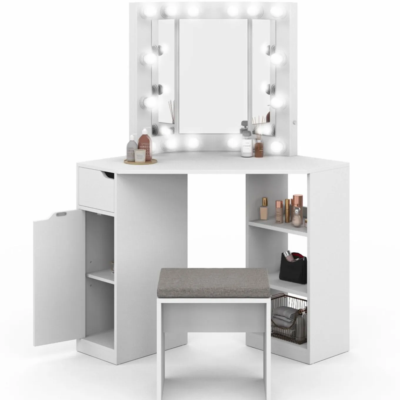 IDMarket Coiffeuse d'angle blanche avec 3 miroirs LED, étagères, tiroir, rangements et tabouret* Coiffeuses