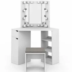 IDMarket Coiffeuse d'angle blanche avec 3 miroirs LED, étagères, tiroir, rangements et tabouret* Coiffeuses