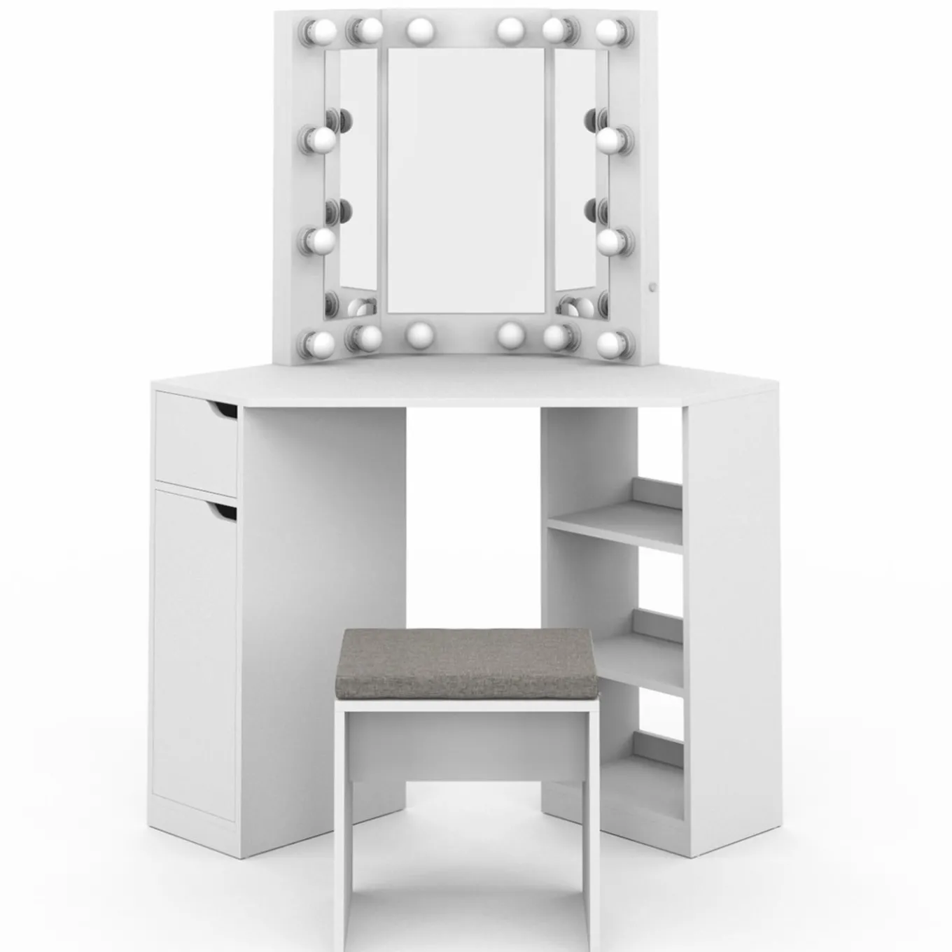 IDMarket Coiffeuse d'angle blanche avec 3 miroirs LED, étagères, tiroir, rangements et tabouret* Coiffeuses