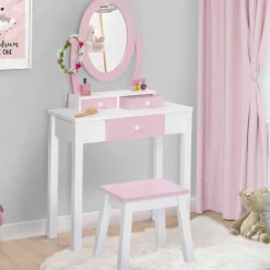 IDMarket Coiffeuse enfant rose et blanche avec miroir et tabouret*Enfant Meubles Enfant|Chambre Complète Adulte