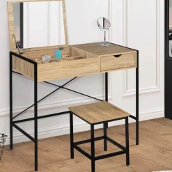 IDMarket Coiffeuse industrielle avec miroir rabattable* Meubles Bas|Meubles En Bois