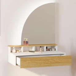 IDMarket Coiffeuse suspendue miroir LED avec 4 niches, 1 tiroir bois et blanc* Meubles Tiroirs|Coiffeuses