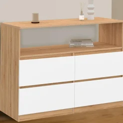 IDMarket Commode 100 cm 4 tiroirs avec niche façon hêtre et blanc* Collection Design|Collection Agencement Magasin