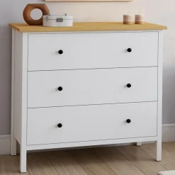 IDMarket Commode 80 cm 3 tiroirs bois blanc plateau bois* Commodes|Chambre Complète Adulte