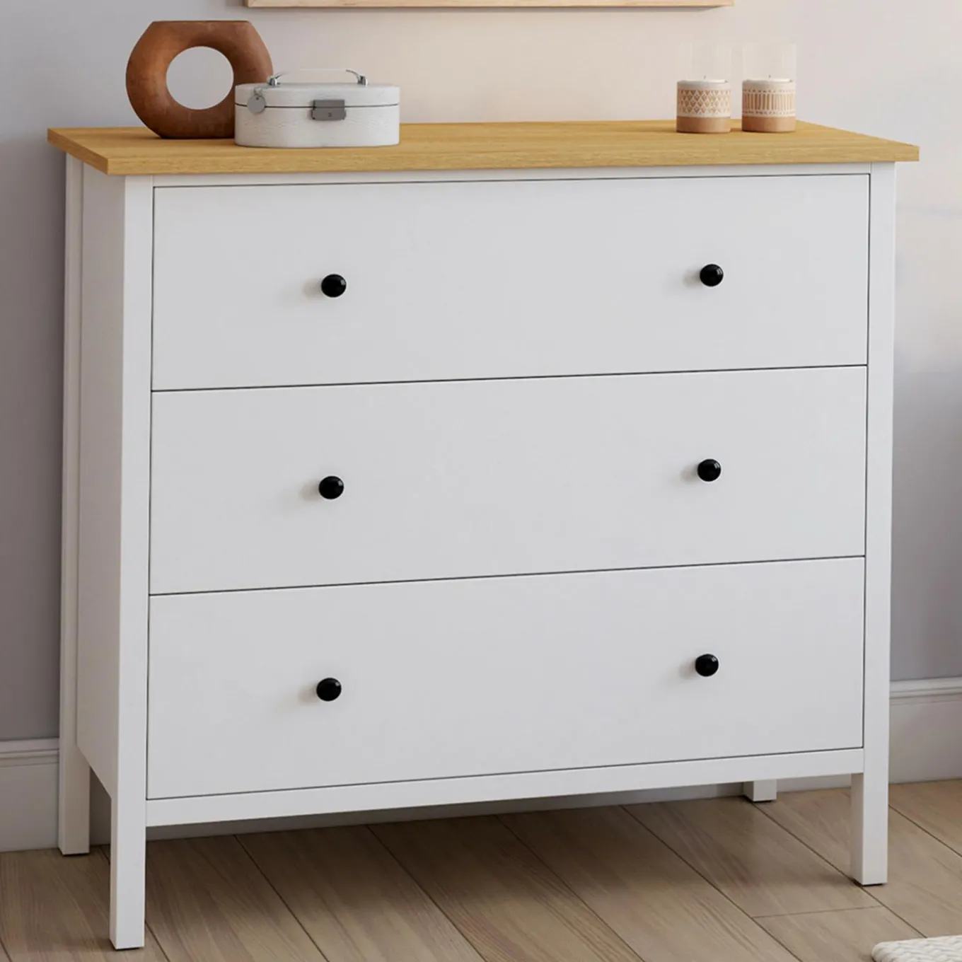 IDMarket Commode 80 cm 3 tiroirs bois blanc plateau bois* Commodes|Chambre Complète Adulte