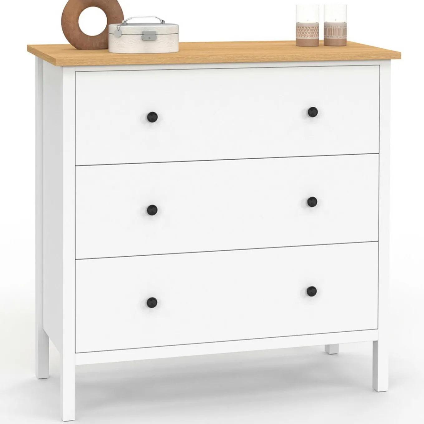 IDMarket Commode 80 cm 3 tiroirs bois blanc plateau bois* Commodes|Chambre Complète Adulte