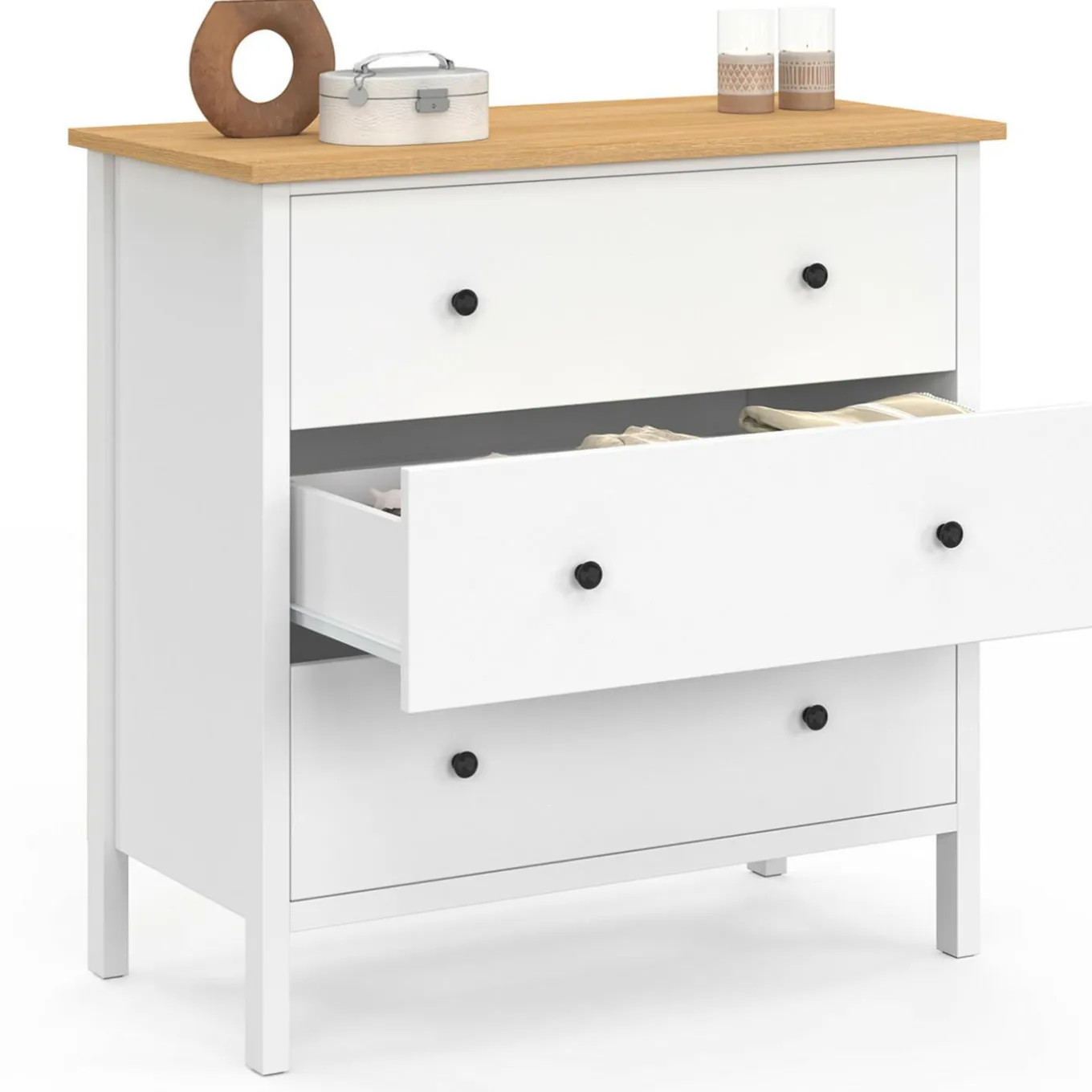 IDMarket Commode 80 cm 3 tiroirs bois blanc plateau bois* Commodes|Chambre Complète Adulte