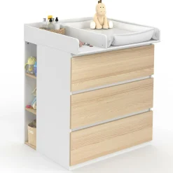 IDMarket Commode à langer évolutive façon hêtre et blanc 3 tiroirs et 2 étagères*Enfant Collection Design|Meubles Enfant