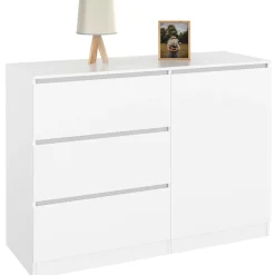 IDMarket Commode 3 tiroirs + 1 porte 110 cm bois blanc* Meubles Blancs|Collection Contemporaine