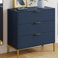 IDMarket Commode 3 tiroirs 80 cm bleu nuit et finitions dorées* Meubles Tiroirs|Meubles Bas