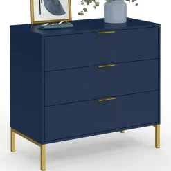 IDMarket Commode 3 tiroirs 80 cm bleu nuit et finitions dorées* Meubles Tiroirs|Meubles Bas