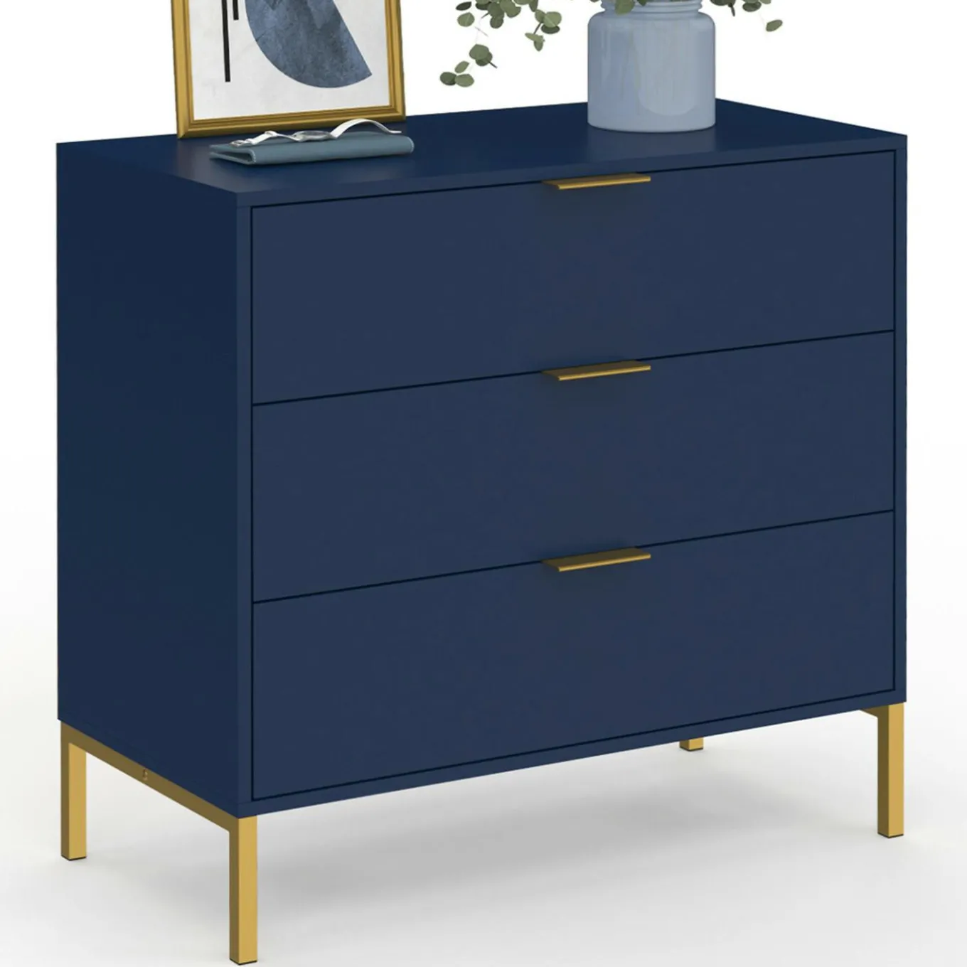 IDMarket Commode 3 tiroirs 80 cm bleu nuit et finitions dorées* Meubles Tiroirs|Meubles Bas
