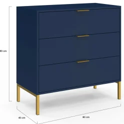 IDMarket Commode 3 tiroirs 80 cm bleu nuit et finitions dorées* Meubles Tiroirs|Meubles Bas
