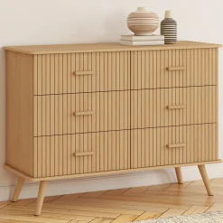 IDMarket Commode 6 tiroirs 110 cm lattes tasseau bois coloris chêne* Meubles En Bois|Collection Design