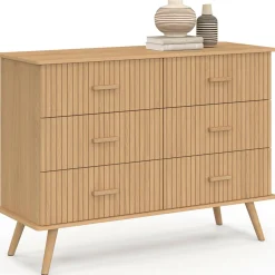 IDMarket Commode 6 tiroirs 110 cm lattes tasseau bois coloris chêne* Meubles En Bois|Collection Design