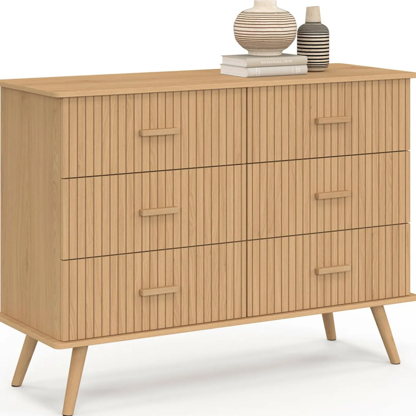 IDMarket Commode 6 tiroirs 110 cm lattes tasseau bois coloris chêne* Meubles En Bois|Collection Design