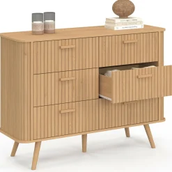 IDMarket Commode 6 tiroirs 110 cm lattes tasseau bois coloris chêne* Commodes|Chambre Complète Adulte
