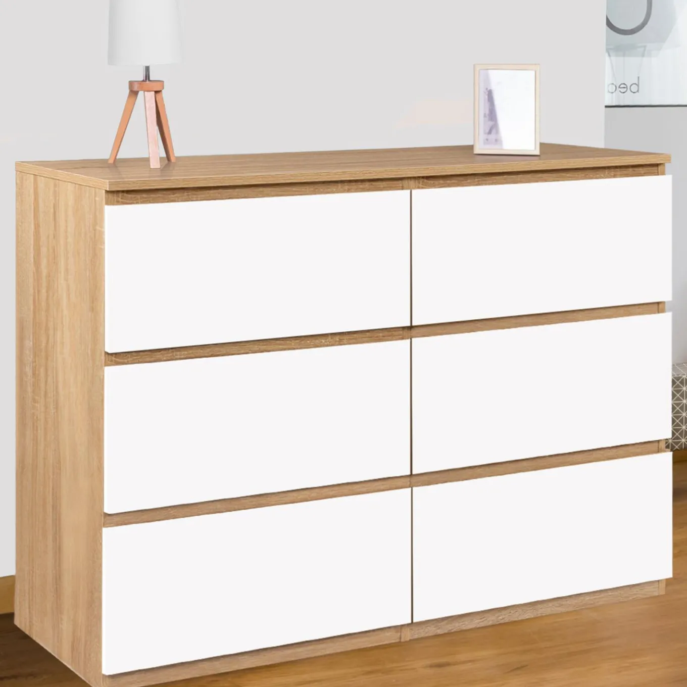 IDMarket Commode 6 tiroirs blanche et bois façon hêtre* Meubles Tiroirs|Collection Design