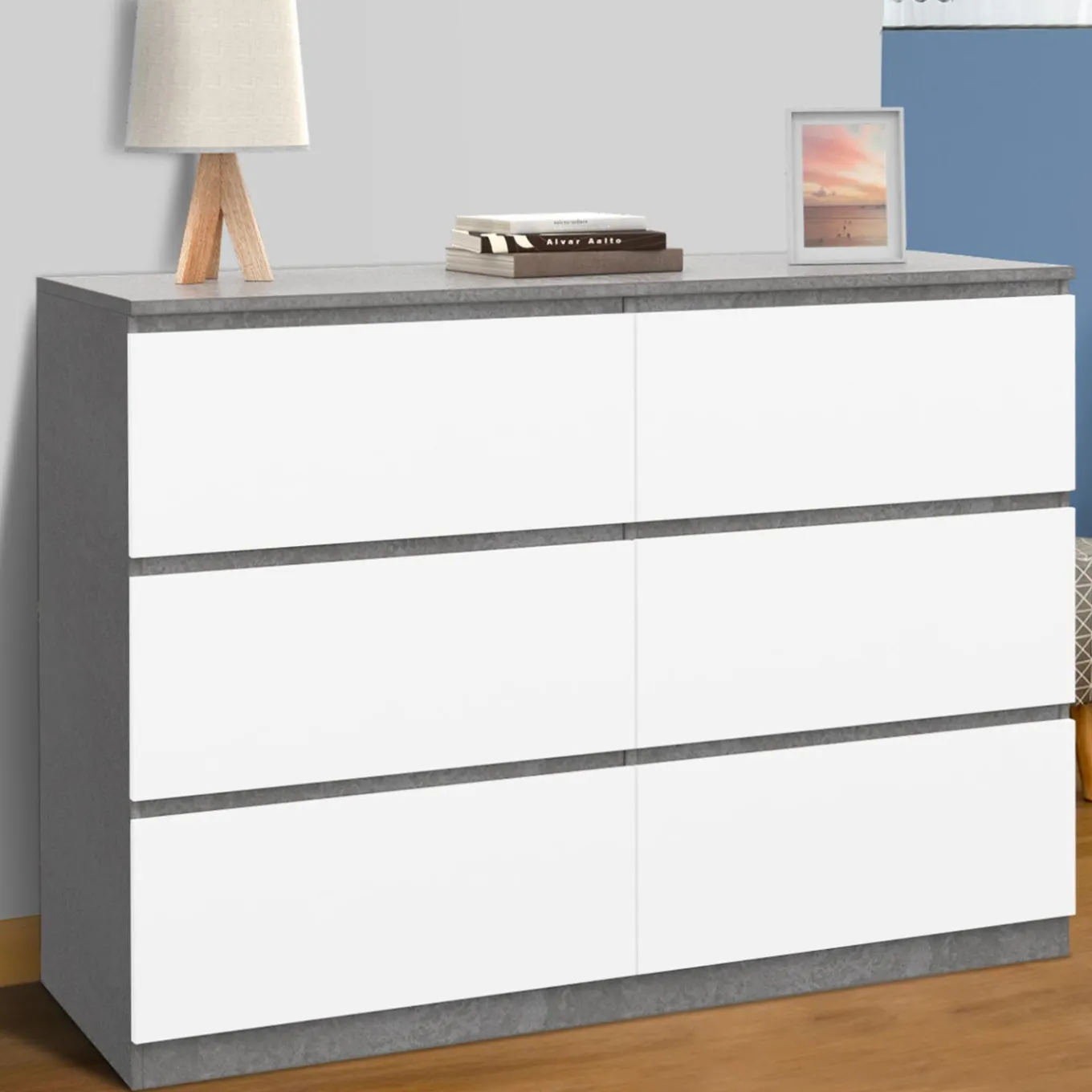 IDMarket Commode 6 tiroirs blanche effet béton* Meubles Tiroirs|Meubles Bas