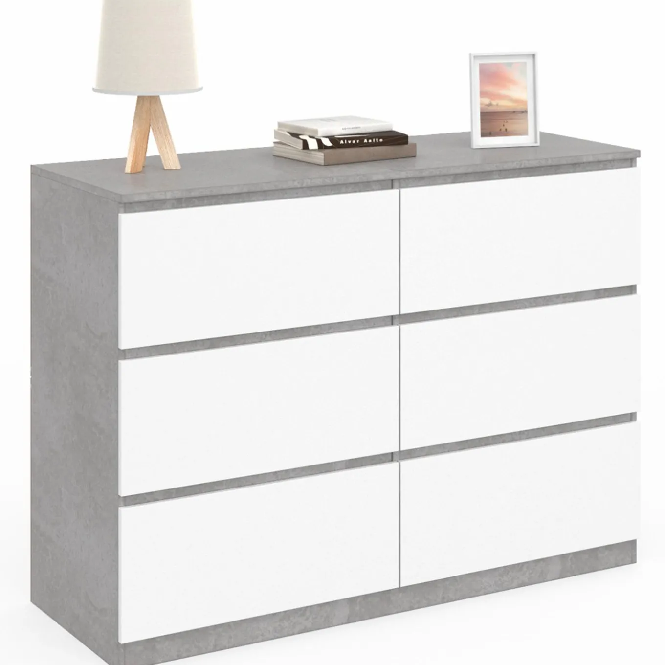 IDMarket Commode 6 tiroirs blanche effet béton* Meubles Tiroirs|Meubles Bas