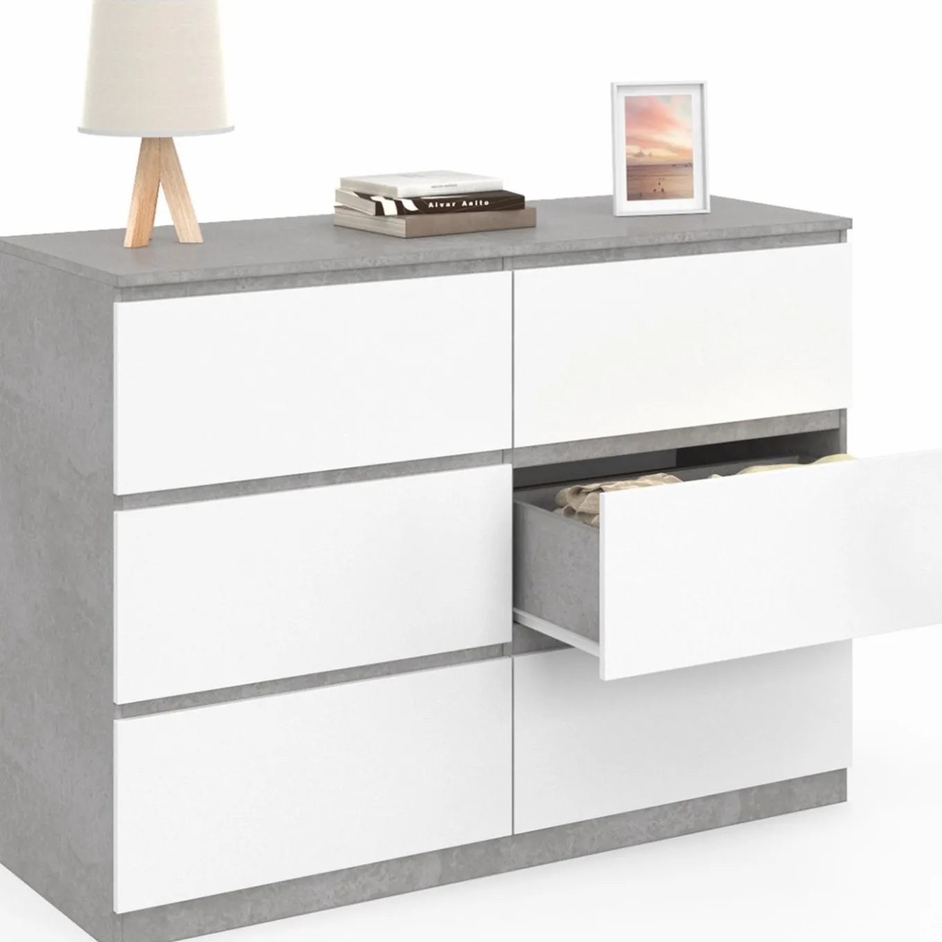 IDMarket Commode 6 tiroirs blanche effet béton* Meubles Tiroirs|Meubles Bas