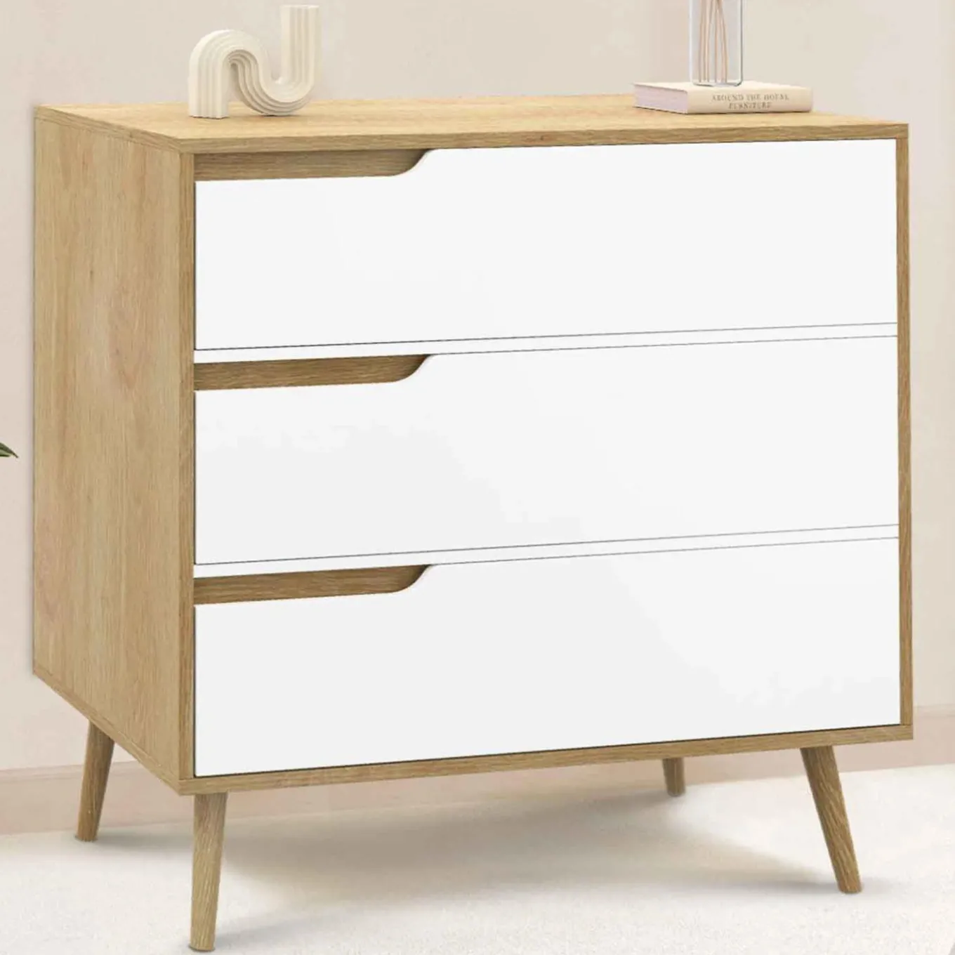 IDMarket Commode 3 tiroirs blanche et bois style scandinave* Meubles Tiroirs|Meubles Bas