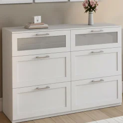 IDMarket Commode 6 tiroirs bois et blanc effet givré* Collection Agencement Magasin|Chambre Complète Adulte