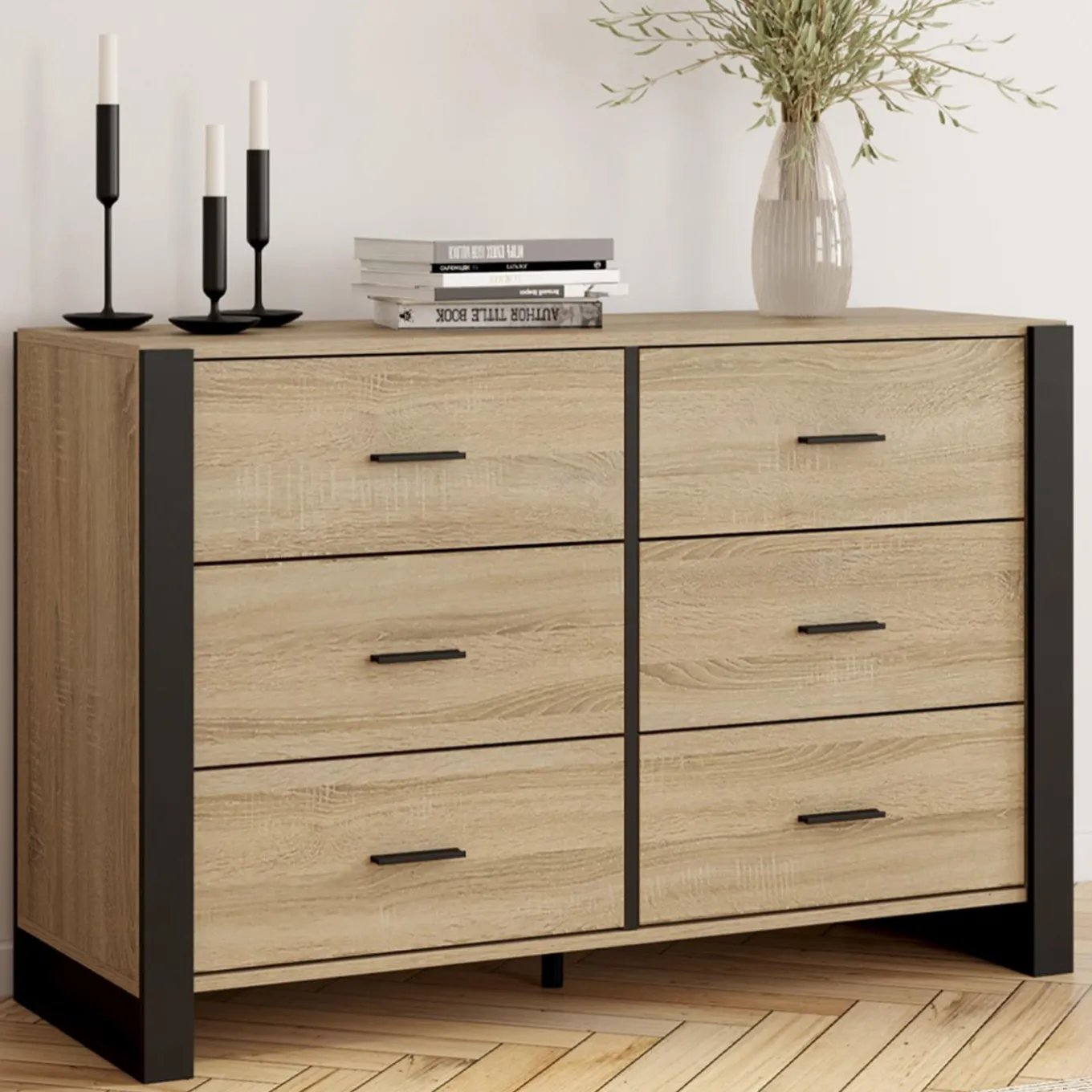 IDMarket Commode 6 tiroirs bois et noir* Meubles Tiroirs|Meubles Bas