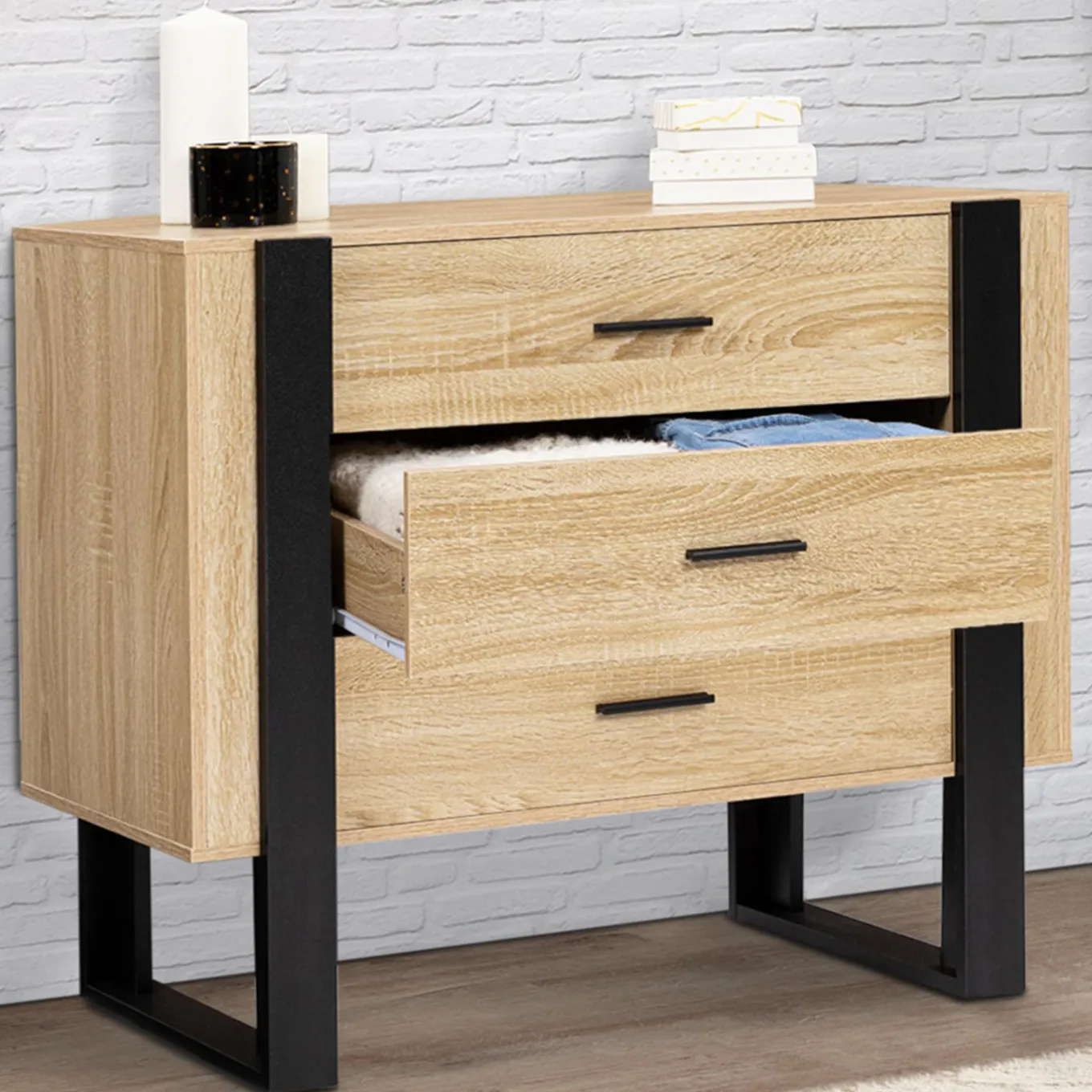 IDMarket Commode 3 tiroirs design bois et pieds noir* Meubles Tiroirs|Collection Design