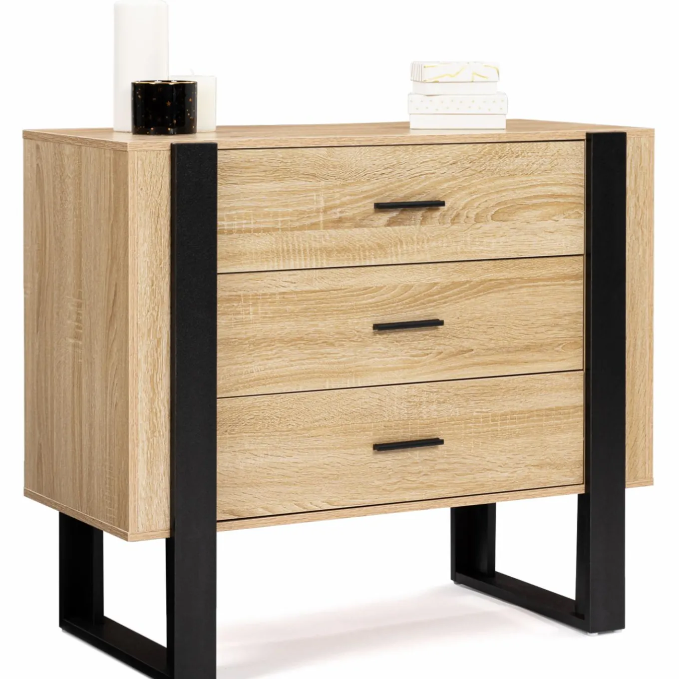 IDMarket Commode 3 tiroirs design bois et pieds noir* Meubles Tiroirs|Collection Design