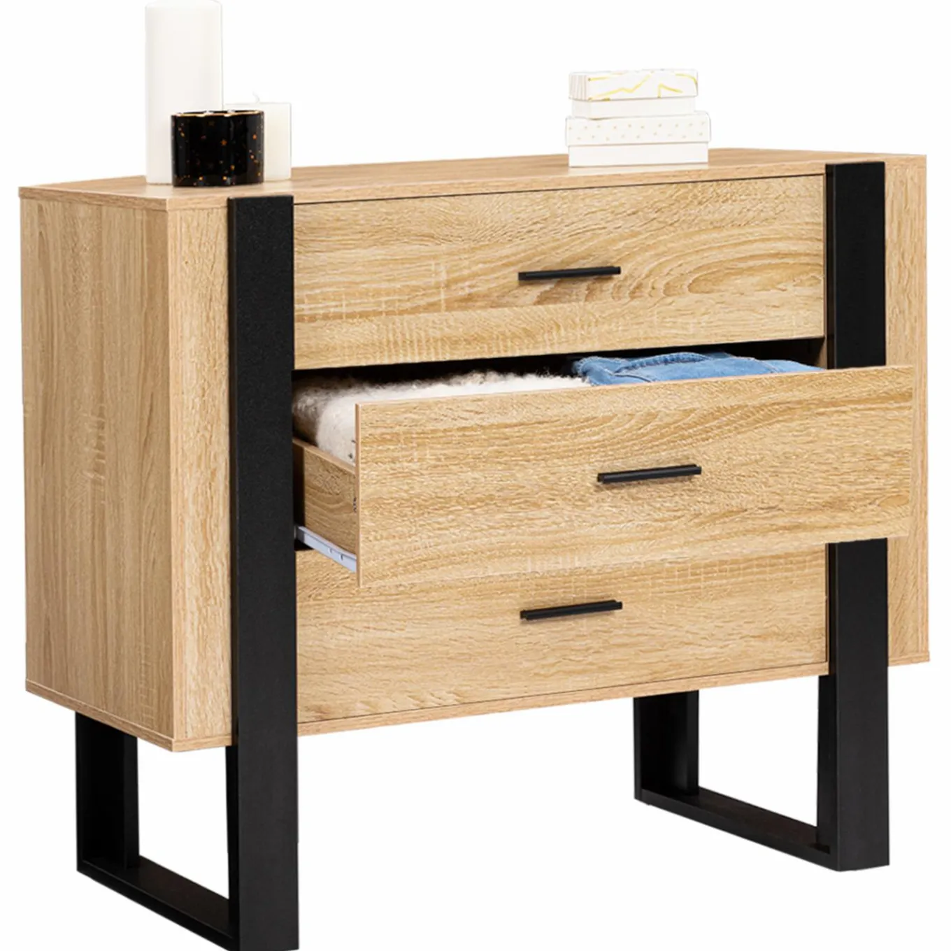 IDMarket Commode 3 tiroirs design bois et pieds noir* Meubles Tiroirs|Collection Design