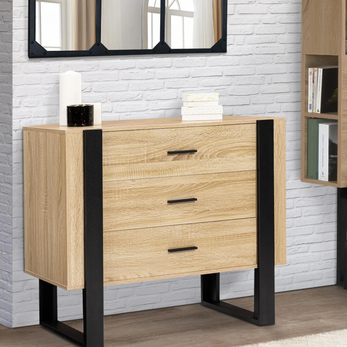 IDMarket Commode 3 tiroirs design bois et pieds noir* Meubles Tiroirs|Collection Design