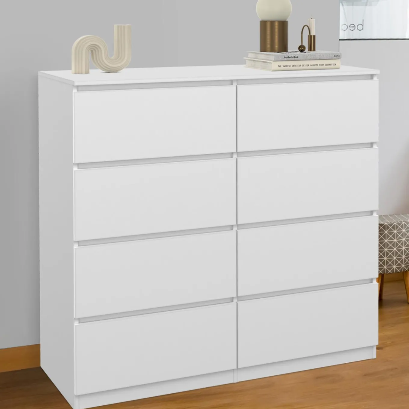 IDMarket Commode 8 tiroirs en bois blanc 110 cm* Meubles Tiroirs|Meubles Blancs