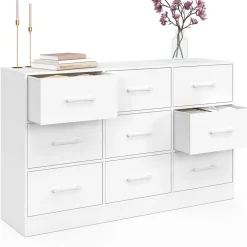 IDMarket Commode 9 tiroirs en tissu 113 cm meuble de rangement bois blanc* Collection Contemporaine|Commodes