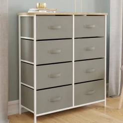 IDMarket Commode 8 tiroirs en tissu gris clair et plateau effet bois* Meubles Tiroirs|Meubles Bas