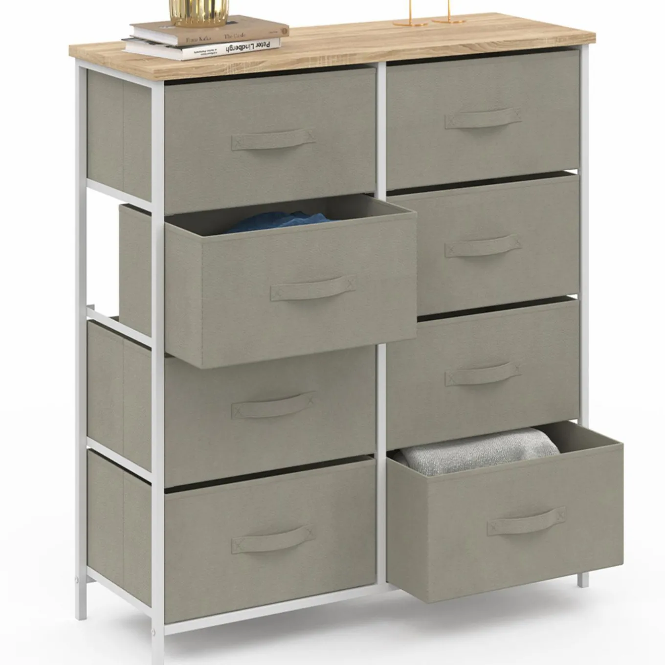 IDMarket Commode 8 tiroirs en tissu gris clair et plateau effet bois* Meubles Tiroirs|Meubles Bas