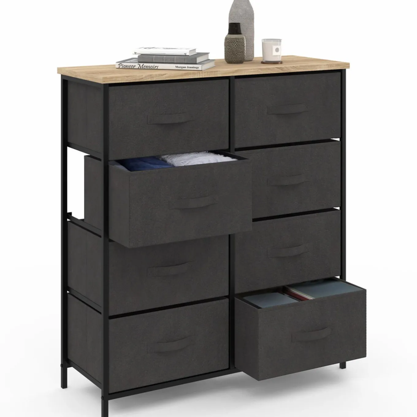 IDMarket Commode 8 tiroirs en tissu gris anthracite et plateau effet bois* Meubles Tiroirs|Meubles Bas