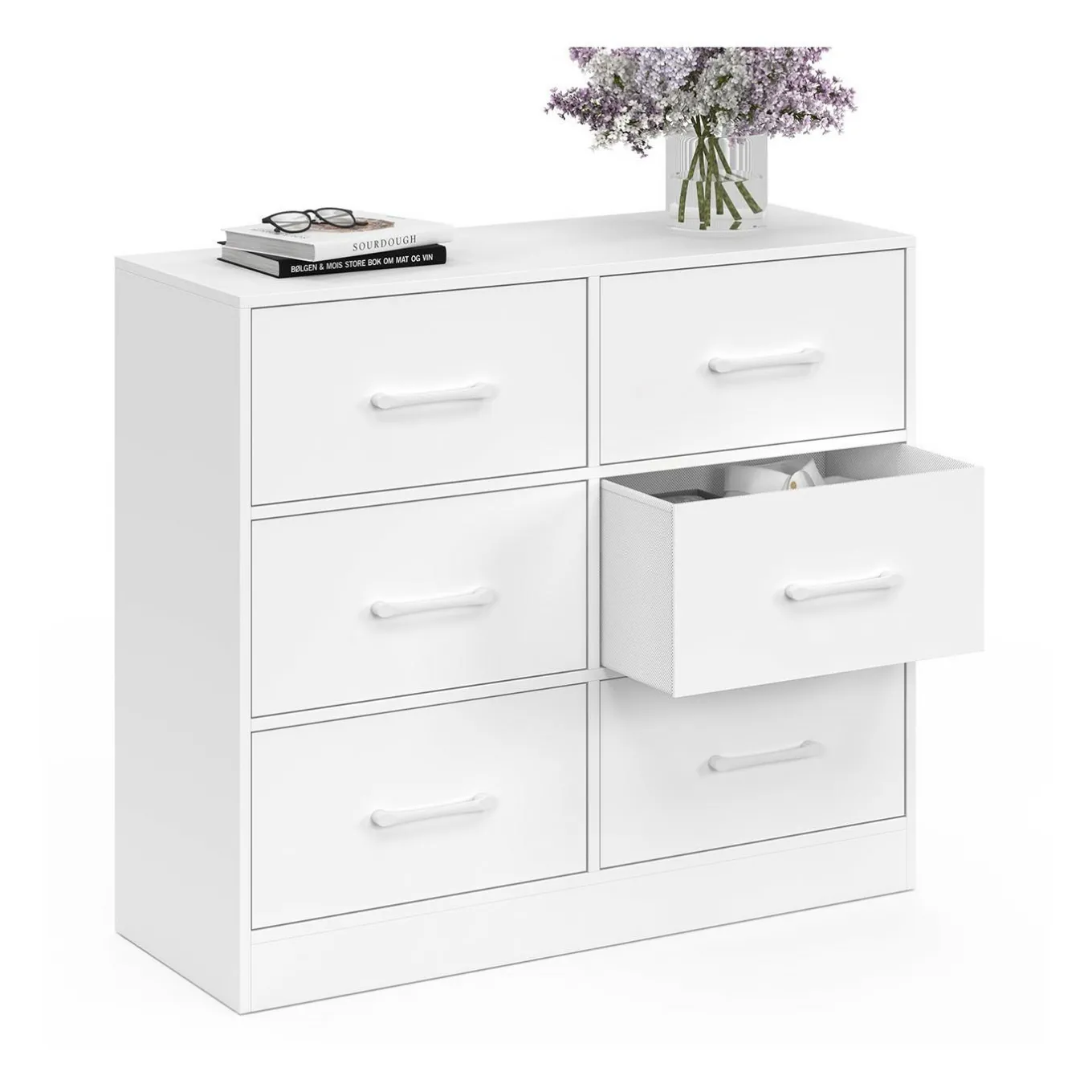 IDMarket Commode 6 tiroirs en tissu 80 cm meuble de rangement bois blanc* Collection Contemporaine|Commodes