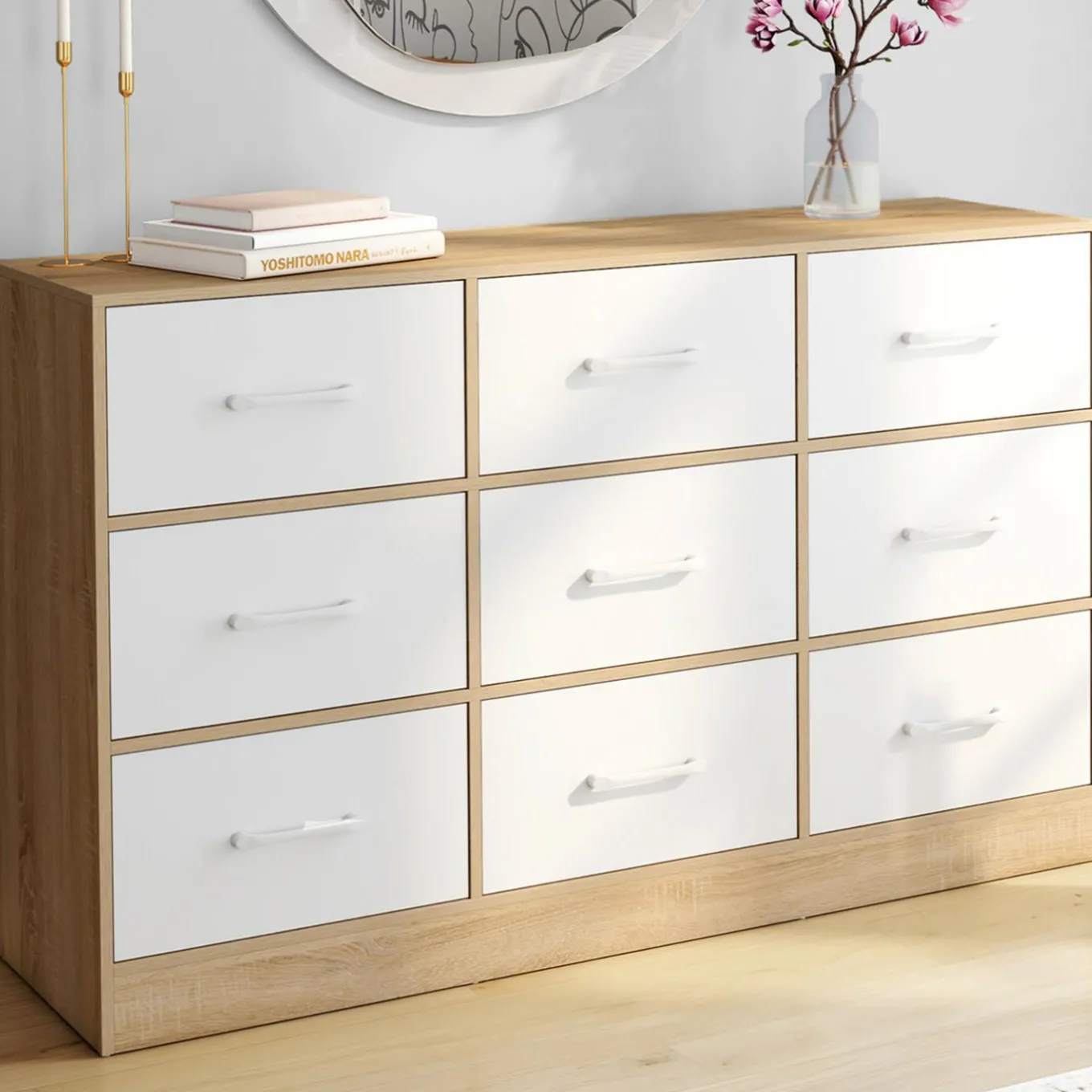 IDMarket Commode 9 tiroirs en tissu 113 cm meuble de rangement bois façon hêtre et blanc* Collection Contemporaine|Commodes