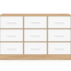 IDMarket Commode 9 tiroirs en tissu 113 cm meuble de rangement bois façon hêtre et blanc* Collection Contemporaine|Commodes